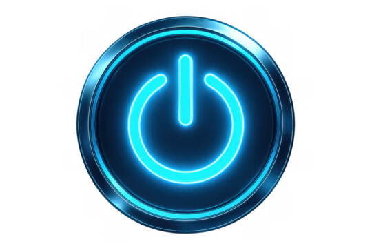 Glowing blue neon power button icon illuminating modern digital technology for starting and shutting down systems