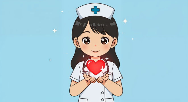 Caring Nurse Illustration: A charming illustrated nurse, radiating compassion, holds a glowing red heart symbolizing healthcare. A symbol of kindness, health, and dedication in medical field.