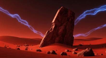 A mysterious dark monolith crackles with powerful blue electrical energy.