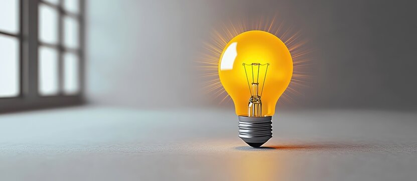 Glowing yellow light bulb standing on a smooth surface in a minimal room with a blurred window, warm radiant glow conveying inspiration and a creative idea