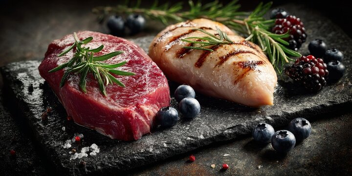 High-quality steak and fresh raw chicken on dark stone plate with rosemary and blueberries, top-down gourmet composition with professional lighting and ultra-realistic texture.