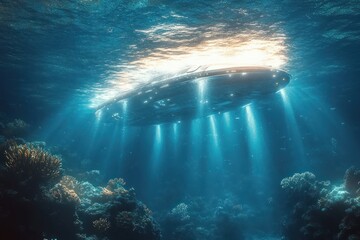 Fototapeta premium Disc-shaped submerged craft hovering beneath sunlit ocean surface with beams of light over coral reef, evoking mysterious awe and serene underwater glow