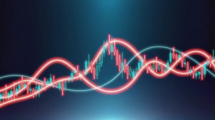 Dynamic digital stock market graph with glowing candlestick chart and abstract data lines, illustrating financial growth and volatility in a modern business context - Powered by Adobe
