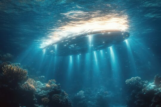Disc-shaped submerged craft hovering beneath sunlit ocean surface with beams of light over coral reef, evoking mysterious awe and serene underwater glow