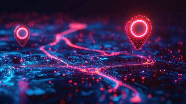 vibrant neon digital city map with glowing pink and blue route and two hovering location pins, evoking futuristic connectivity and dynamic navigation