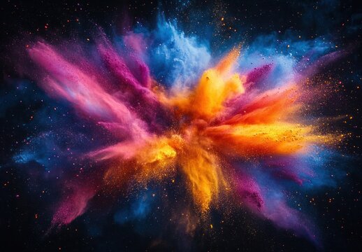 Vibrant burst of colorful powder and particles against a dark background, energetic and celebratory