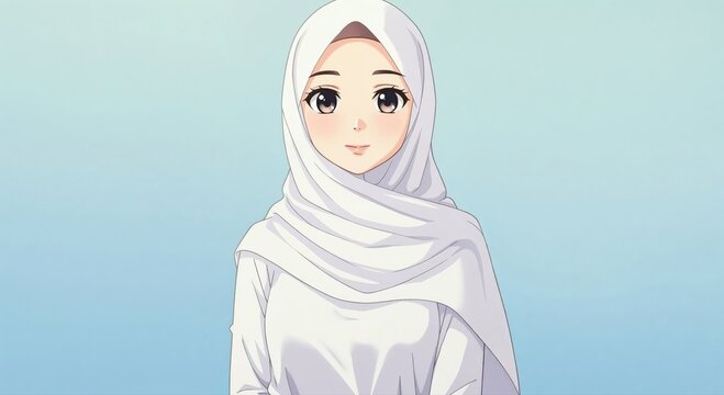 Radiant Modesty: A young woman, draped in a graceful hijab, exudes serenity and cultural pride against a gentle, ethereal backdrop. A portrait of quiet dignity and modern faith.