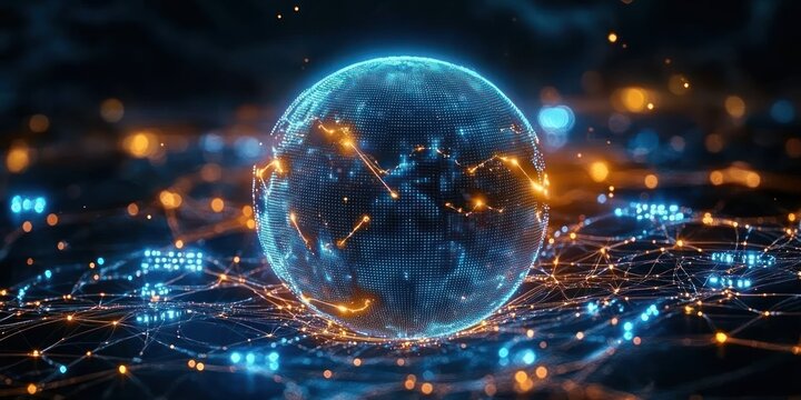 futuristic glowing digital globe of blue data points with orange network connections and luminous nodes above a web of linked circuits conveying dynamic global connectivity