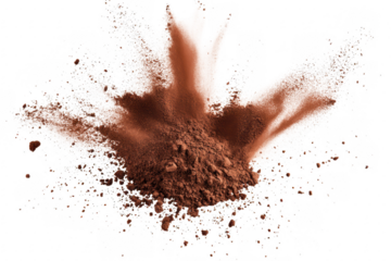 A dynamic splash of cocoa powder exploding against a white background. capturing the essence of baking and culinary creativity. ideal for food-related projects or advertisements