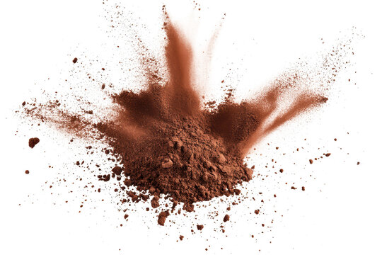 A dynamic splash of cocoa powder exploding against a white background. capturing the essence of baking and culinary creativity. ideal for food-related projects or advertisements