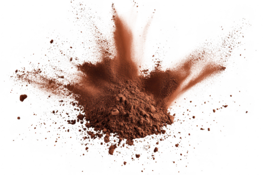 A dynamic splash of cocoa powder exploding against a white background. capturing the essence of baking and culinary creativity. ideal for food-related projects or advertisements