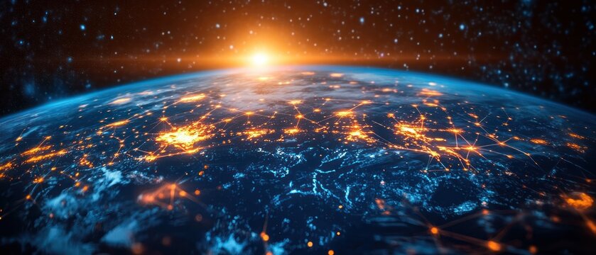 Sunrise over Earth revealing glowing orange network nodes and connecting lines across illuminated continents under a starry sky, evoking global connection and awe