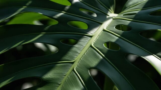 Panoramic banner of a tropical monstera leaf texture in bright sunlight. Abstract nature background with exotic foliage patterns for a fresh, organic, or jungle theme
