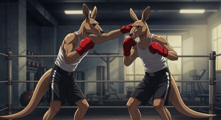 Boxer Kangaroo's Duel: Two kangaroo boxers engage in a fierce match within a classic boxing ring, their determined faces reflecting the intensity of the sport. The scene portrays strength.