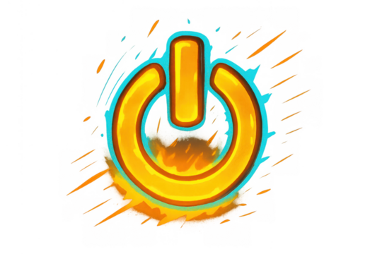 Power button icon glowing with fiery energy, representing start, on, off, and digital technology concepts. Transparent background