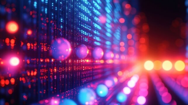 Energetic futuristic tunnel of glowing blue and pink LED spheres and bokeh lights along a digital light wall