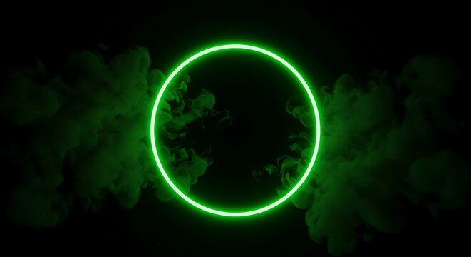 Bright Green Neon Circle Ring With Green Smoke On Black Background glowing