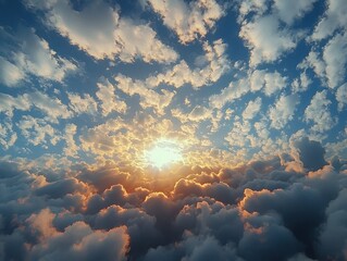 sunrise breaking through layered fluffy clouds with golden light and a serene blue sky evoking awe and tranquility