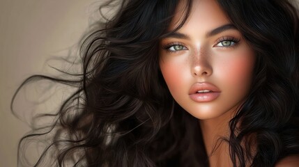 Fototapeta premium Close-up of flowing dark wavy hair with bare shoulder and warm skin tones, wind-swept curls and soft moody lighting conveying an intimate, calm, mysterious mood