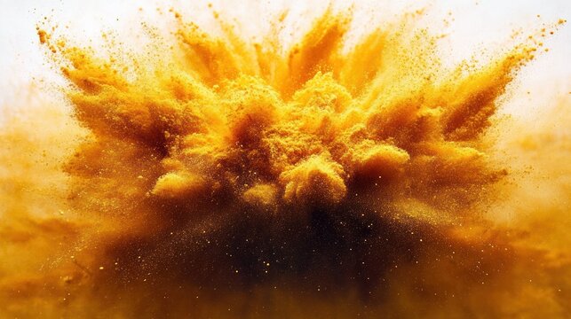 explosive burst of golden orange powder and fine particles on white background conveying dynamic energetic abstract cloud