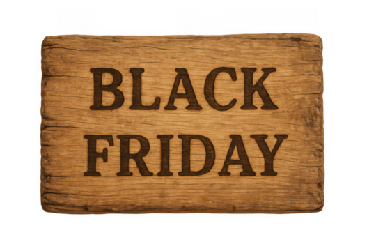 Black friday text engraved on a rustic wooden sign, providing a concept for online sales and shopping promotion