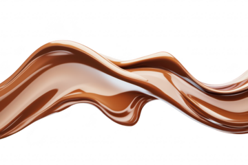 A smooth. flowing wave of rich chocolate syrup gracefully cascades against a clean white background. creating an enticing visual perfect for dessert-related themes and culinary promotions