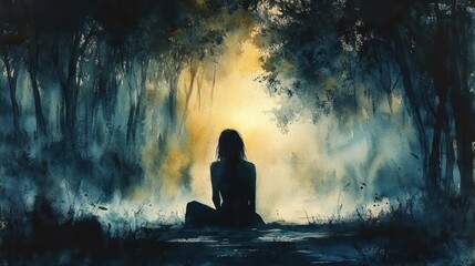 Backlit silhouette seated cross-legged in a misty forest clearing, golden light piercing the fog evoking serene contemplative solitude