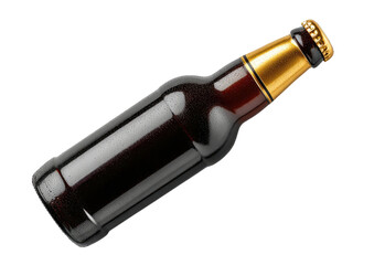 Brown bottle, gold foil, against dark background
