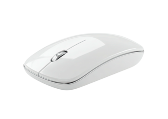 Sleek, glossy white computer mouse on dark backdrop