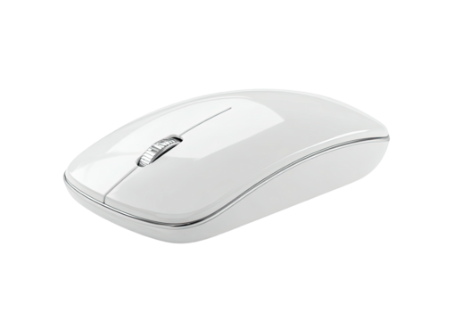 Sleek, glossy white computer mouse on dark backdrop
