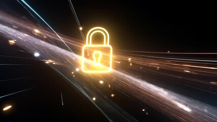 A glowing padlock symbolizing digital security amidst a cosmic background of vibrant light trails - Powered by Adobe