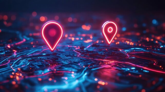 Two glowing neon map pins hovering above a futuristic circuit-like digital map with vibrant blue and pink lights conveying connectivity and digital exploration