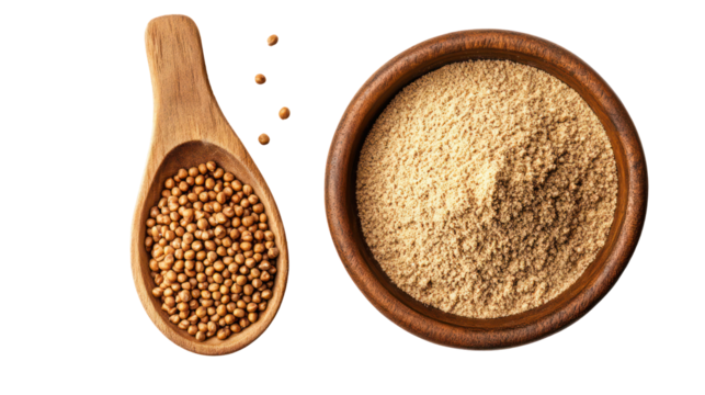 Wooden spoon with mustard seeds and bowl of ground mustard isolated on transparent background