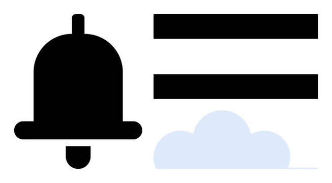Black bell, two black horizontal lines, and light blue cloud. Ideal for notification, simplicity, interface design, organization, reminders minimalism communication. Represents a simple flat