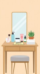 Fototapeta premium Wooden vanity table displaying various personal care items and a mirror against a pale background