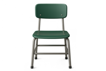 Green school chair with a metal frame, featuring a vintage retro design. Perfect for themes of education, learning environments, and old aesthetics