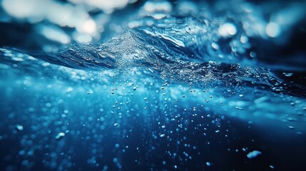 underwater view of a wave surface with rising bubbles and shimmering blue light, serene and dynamic immersive mood