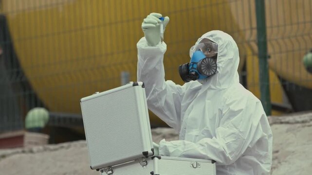 Scientist Testing Water Sample in High-Risk Biohazard Zone