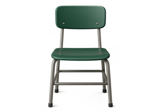 Green school chair with a metal frame, featuring a vintage retro design. Perfect for themes of education, learning environments, and old aesthetics