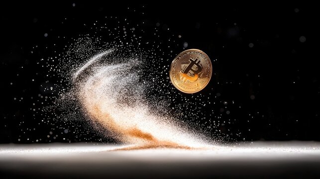 A golden Bitcoin coin is captured mid-air, suspended above a swirling cloud of sand and dust particles, against a dark, black background. - Powered by Adobe