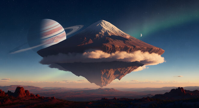 Floating Island with Mountain and Ringed Planet in Surreal Landscape.