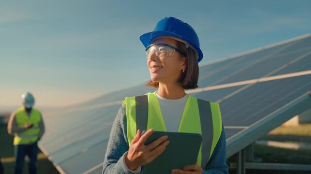Workers assess solar panel installation at a renewable energy site in sunny California