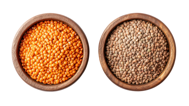 Two wooden bowls filled with different types of lentils isolated on transparent background - Powered by Adobe