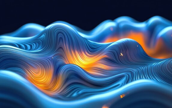 Undulating blue ridged waves with glowing orange molten pockets, flowing textured lines evoking warm energy and tranquil motion