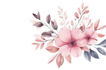 A delicate arrangement of soft pink flowers and leafy branches on a clean white background. creating a serene and elegant atmosphere. perfect for invitations or greeting cards