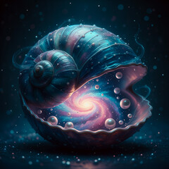 Nautilus Seashell Opens To Reveal A Universe Within Glowing Spiral Galaxy Conceptual Art With Bubbles.