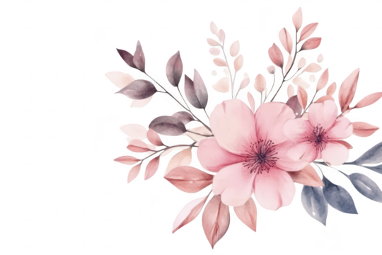 A delicate arrangement of soft pink flowers and leafy branches on a clean white background. creating a serene and elegant atmosphere. perfect for invitations or greeting cards