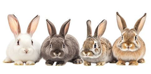 Fototapeta premium A group of four adorable rabbits of varying colors and breeds sitting closely together. their unique features and playful expressions against a clean white background. ideal for pet-related content