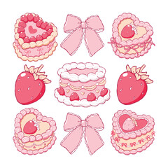 Strawberry Valentines Cakes Collection Vector, Hand Drawn Vintage Retro Cake Doodle, Trendy Pink Valentine Hearts Cakes Design Vector