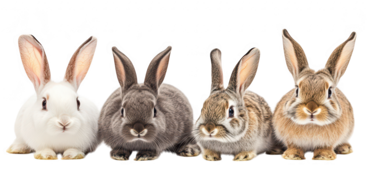 A group of four adorable rabbits of varying colors and breeds sitting closely together. their unique features and playful expressions against a clean white background. ideal for pet-related content